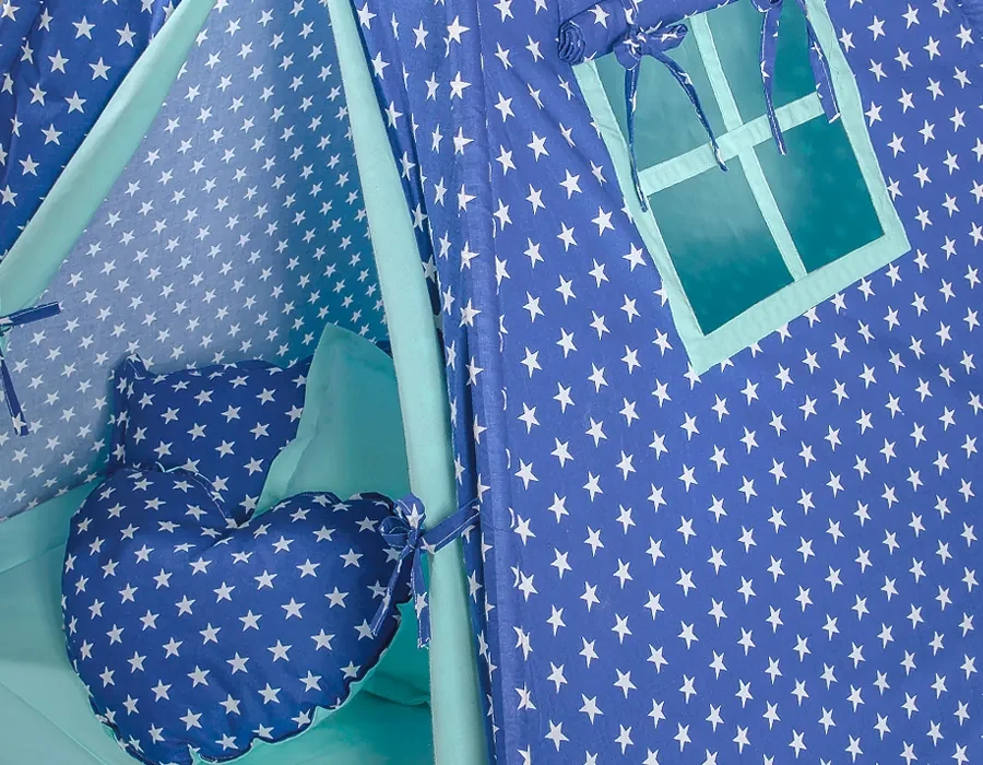 Bobono Stan Teepee pre deti + podložka na hranie + ozdobné perie - Hviezdy námornícka modrá