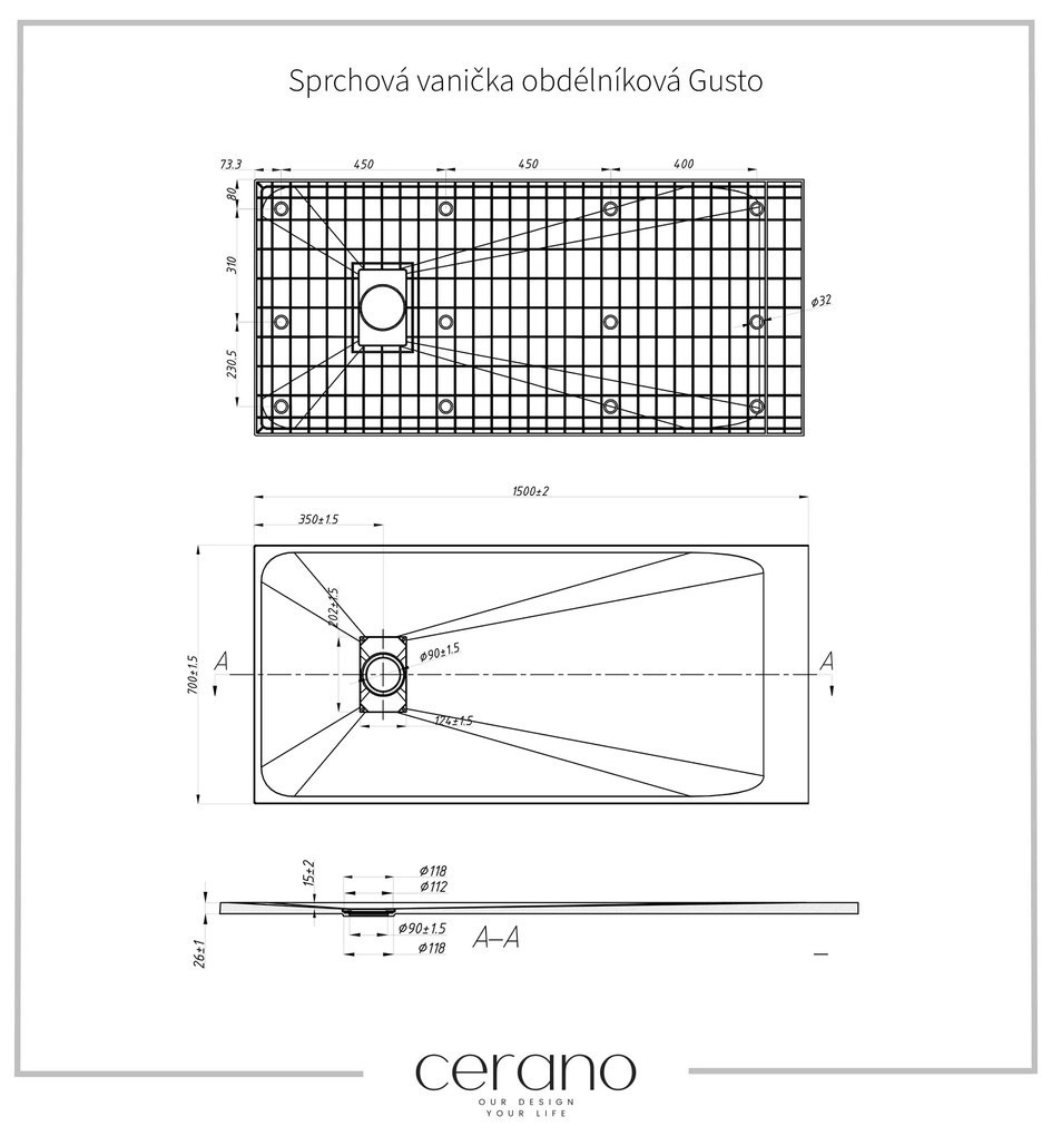 Cerano Gusto, obdĺžniková sprchová vanička 150x70x3 cm z minerálneho kompozitu, biela, CER-CER-414620