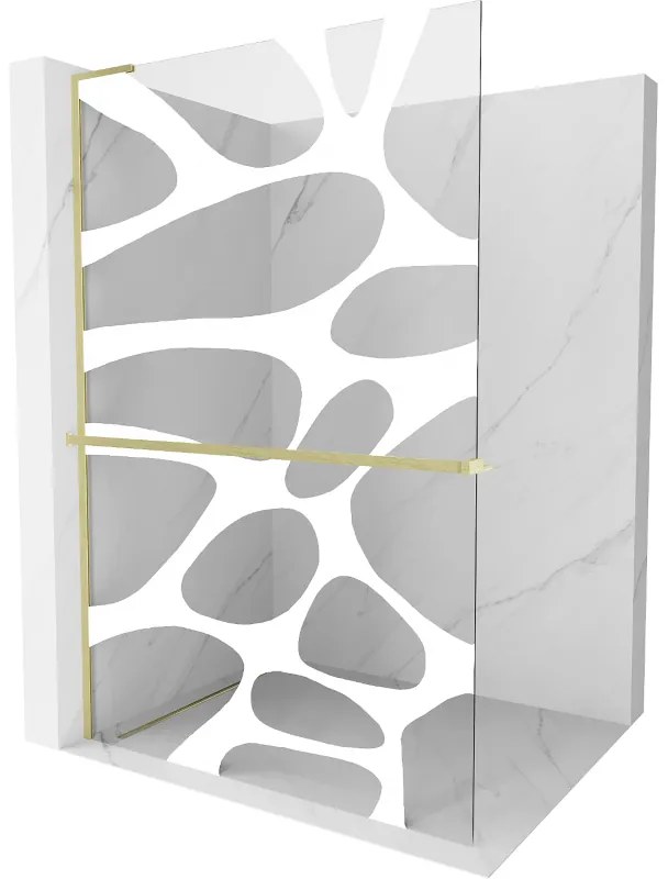 Mexen Kioto+ L, sprchová zástena Walk-In s poličkou a vešiakom 120 x 200 cm, 8mm číre sklo biely vzor, zlatý matný profil, 800-120-123-55-97