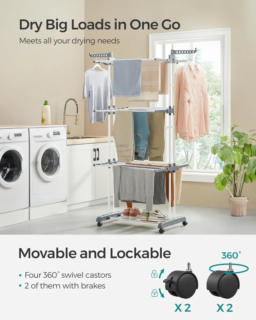 SONGMICS Veľký sušič na prádlo, 64 x 126 x 172 cm, biely