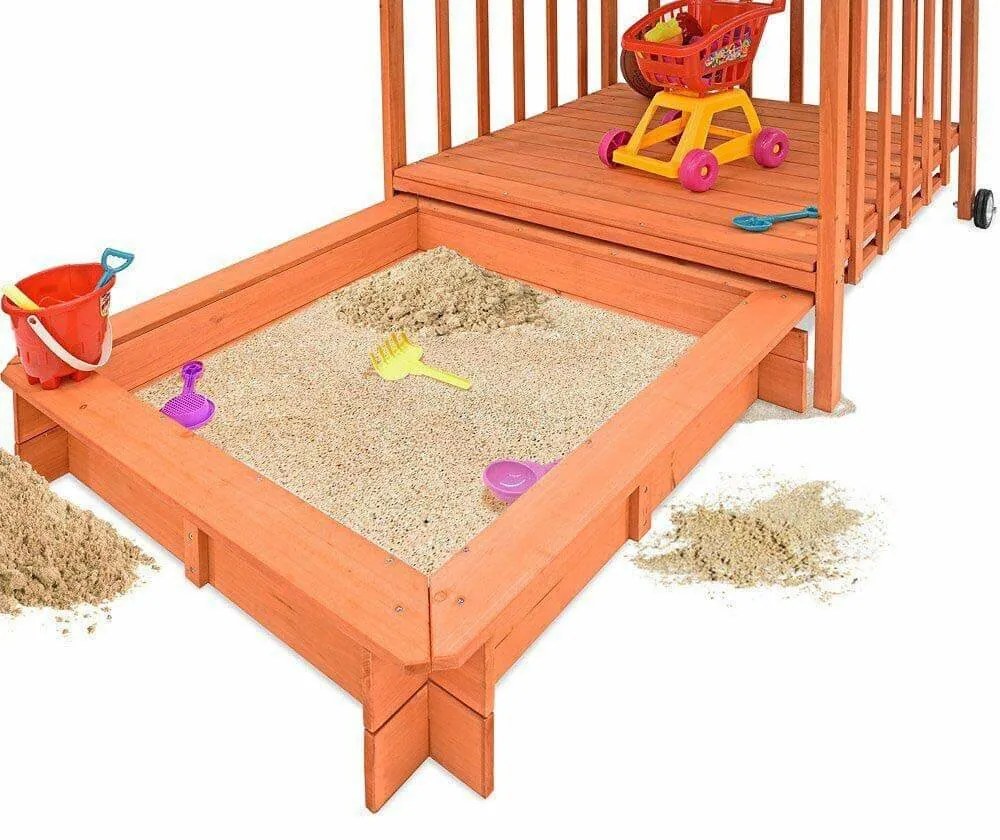 Drevený záhradný domček a pieskovisko so strechou