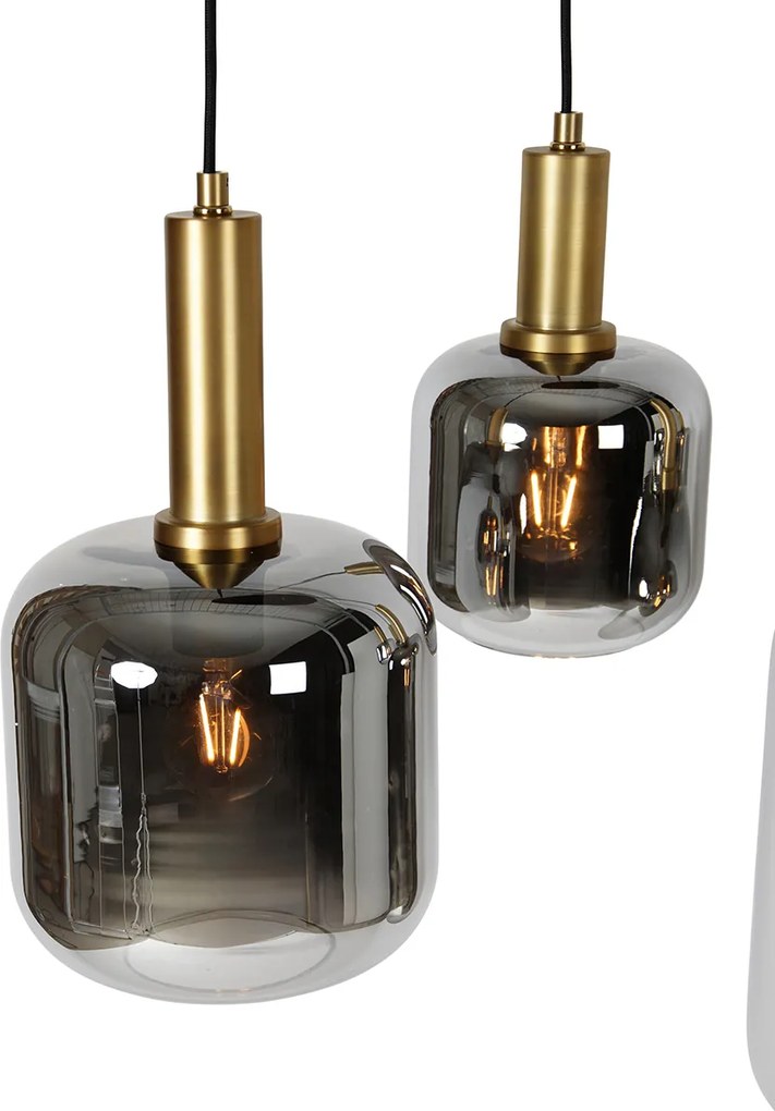 Závesné svietidlo čierne so zlatom a dymovým sklom oválne 5-svetlo - Zuzanna