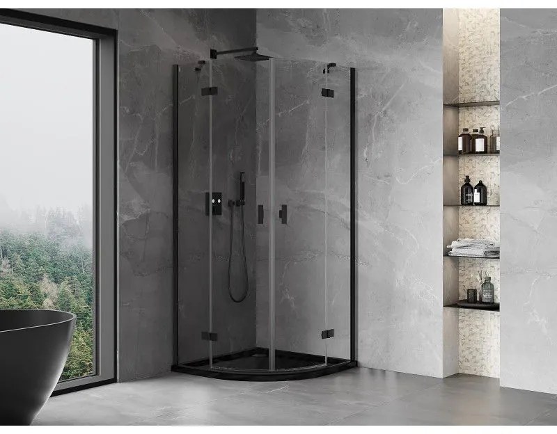 Mexen Mist, polkruhový výklopný sprchový kút 90 x 90 cm, číre sklo, čierny profil, 8A33-090-090-70-00
