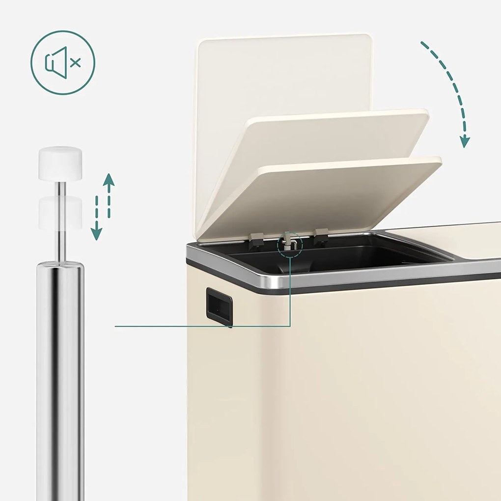 Kovový pedálový odpadkový kôš 2 x 30 L, vzduchotesný, krémovo biely