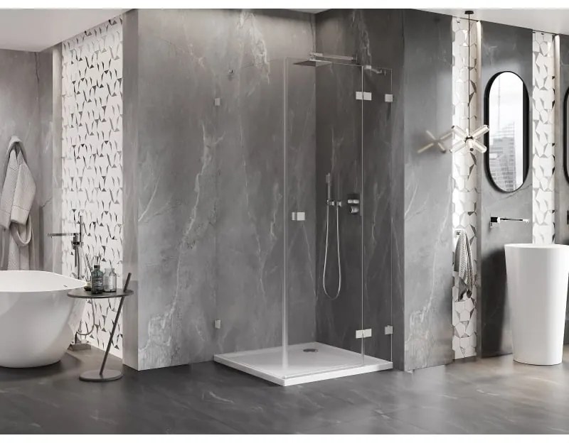 Mexen Lunar, pravostranný výklopný sprchový kút 90 x 90 cm, 8mm číre sklo, oceľový profil, 834-090-090-97-00-P