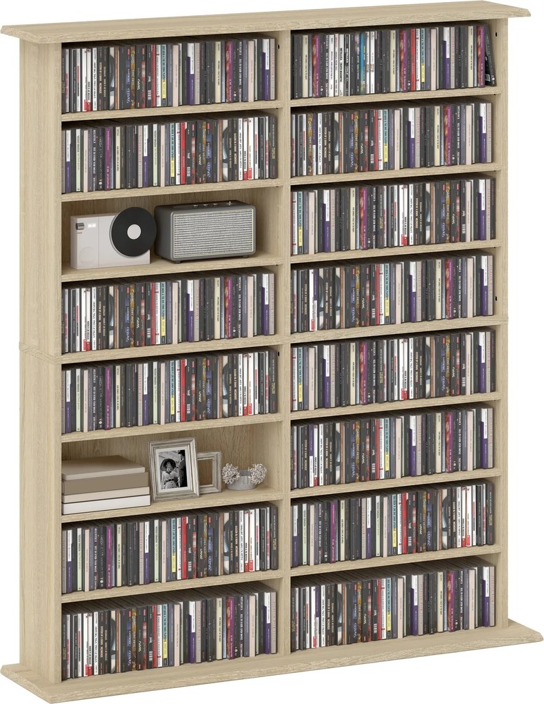 HOMCOM Úložný priestor na CD a DVD, multimediálna jednotka s 16 priehradkami a 12 nastaviteľnými policami, max. kapacita 720 CD/396 DVD a Blu-ray, 106