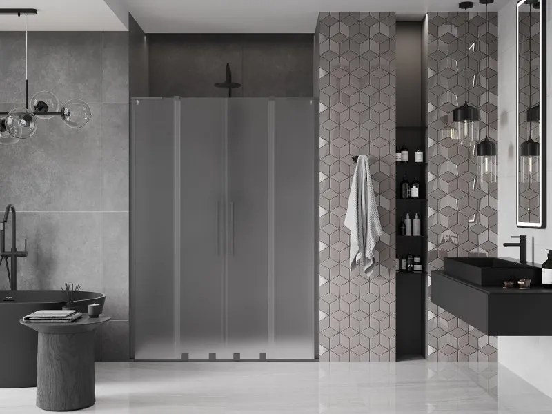 Mexen Velar L Duo, posuvné sprchové dvere do otvoru 150 cm, 8mm sklo námraza, brúsený grafit, 871-150-003-32-95
