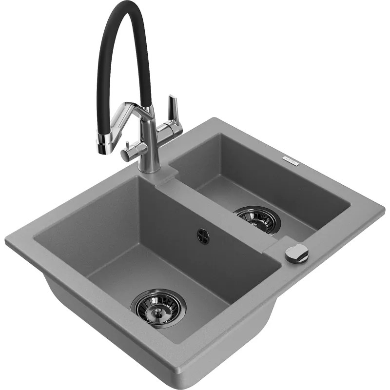Mexen Carlos, 1,5-komorový granitový drez 582x475x177 mm a drezová batéria Duo, šedá, 6518-71-671701-07-B