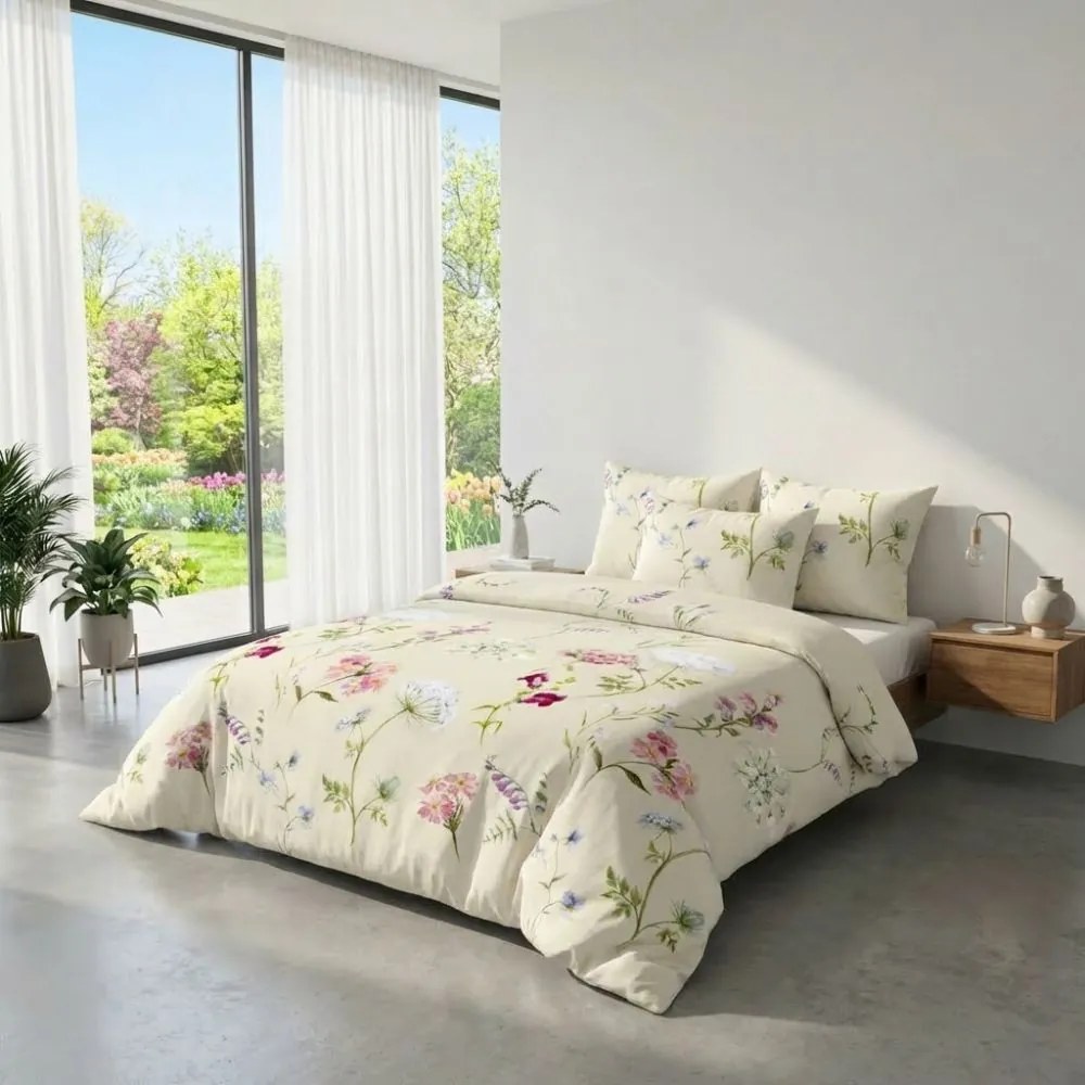 Kvalitex Bavlnené obliečky DELUX 140x200 + 70x90 cm - BOTANICA smotanová