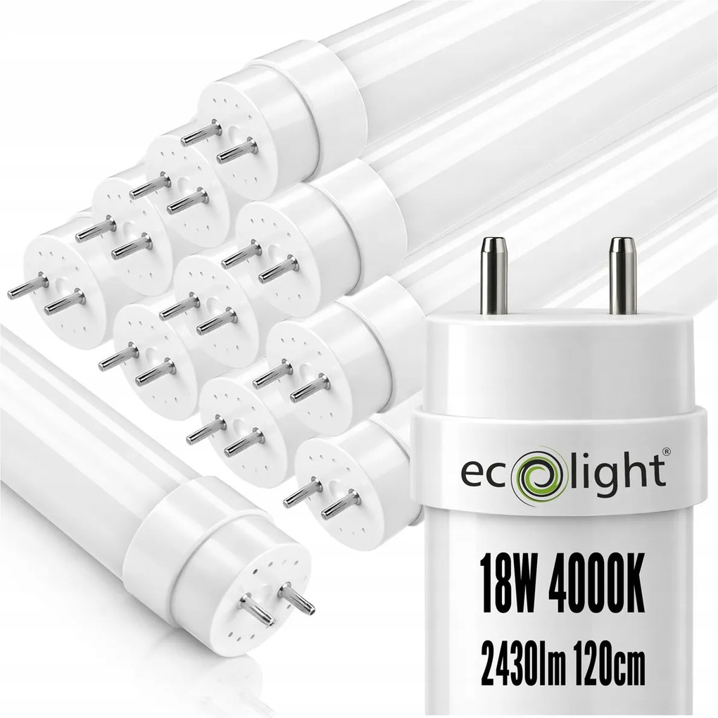 ECOLIGHT SADA 10x LED trubíc 120CM T8 18W 2520lm 140LM/W 4000K SILNÉ svetlo