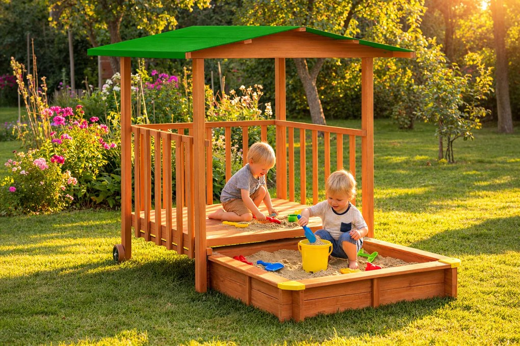 Pieskovisko s verandou SUNNY, 130x130x143cm, hnedá/zelená Jurhan