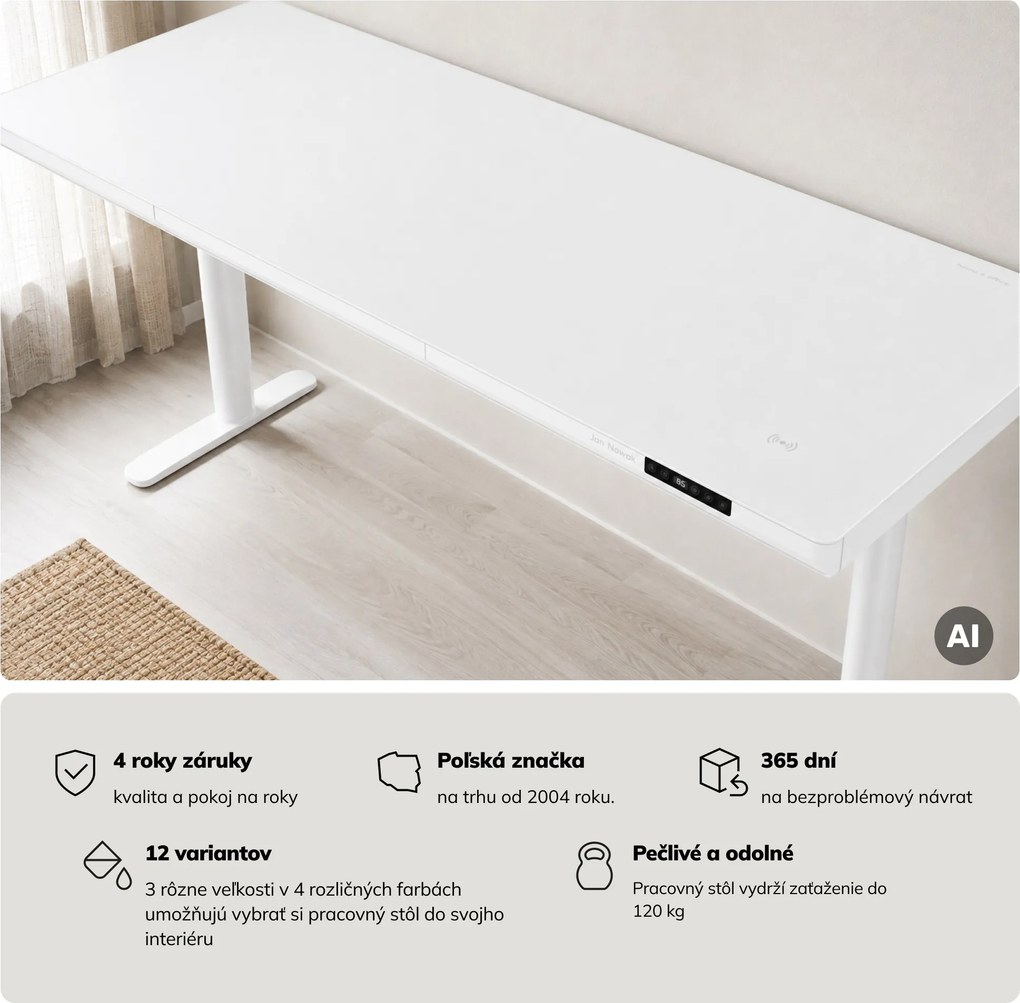 Elektrický písací stôl sit-stand so zásuvkou a bezdrôtovou nabíjačkou Qi biely, 1600 mm: ELLIS
