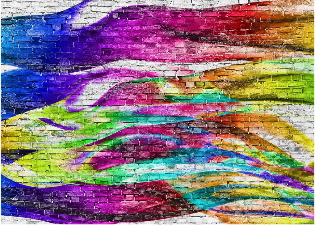 Obraz - Tehlový múr s farebnými plameňmi (70x50 cm)