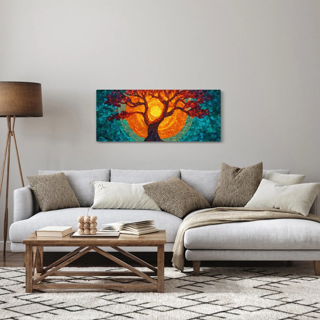 Obraz - Strom života a slnko v mozaike (120x50 cm)