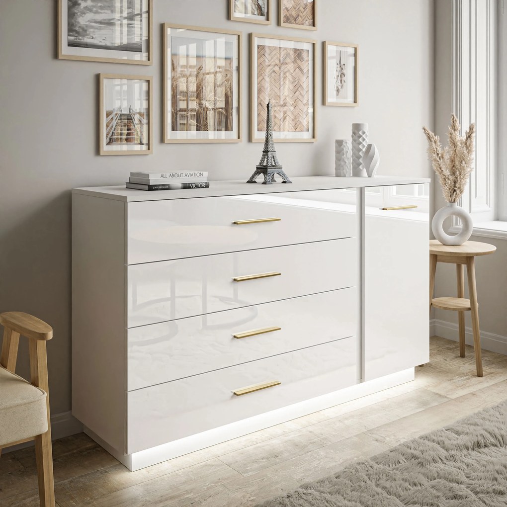Komoda AMBROSIA biela lesklá 138 cm s úchytmi a s led osvetlením