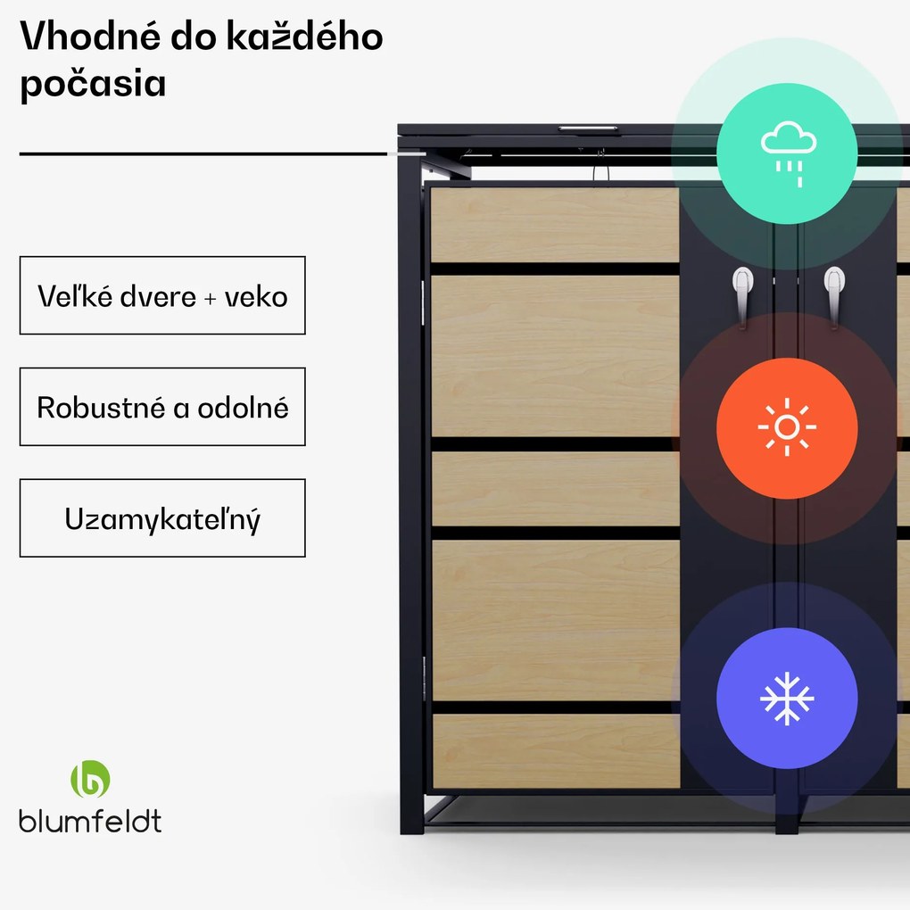 Blumfeldt BinSafe, box na odpadky, 3 odpadkové koše, 240 l, uzamykateľný, pozinkovaná oceľ odolná voči poveternostným vplyvom