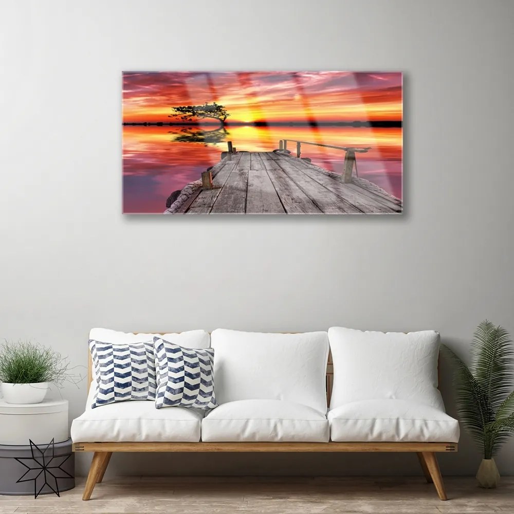 Skleneny obraz Mólo jazero architektúra 125x50 cm