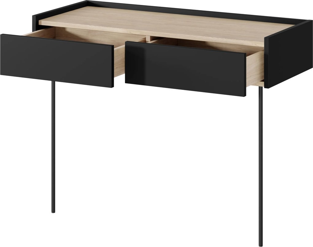 Toaletný stolík so zásuvkami Desin 100 cm na kovových nohách - čierny mat / dub nagano