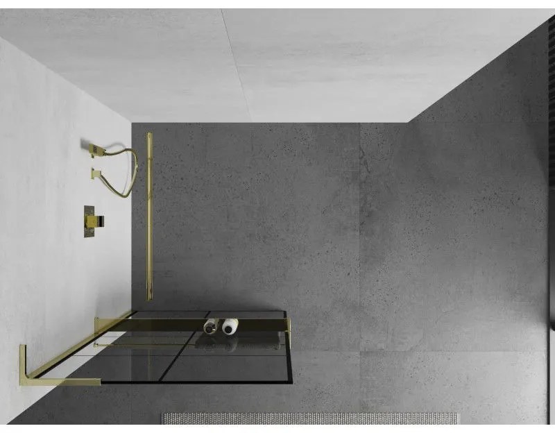 Mexen Kioto+ L, sprchová zástena Walk-In s poličkou a vešiakom 70 x 200 cm, 8mm číre sklo čierny vzor, zlatý lesklý profil,800-070-123-50-77