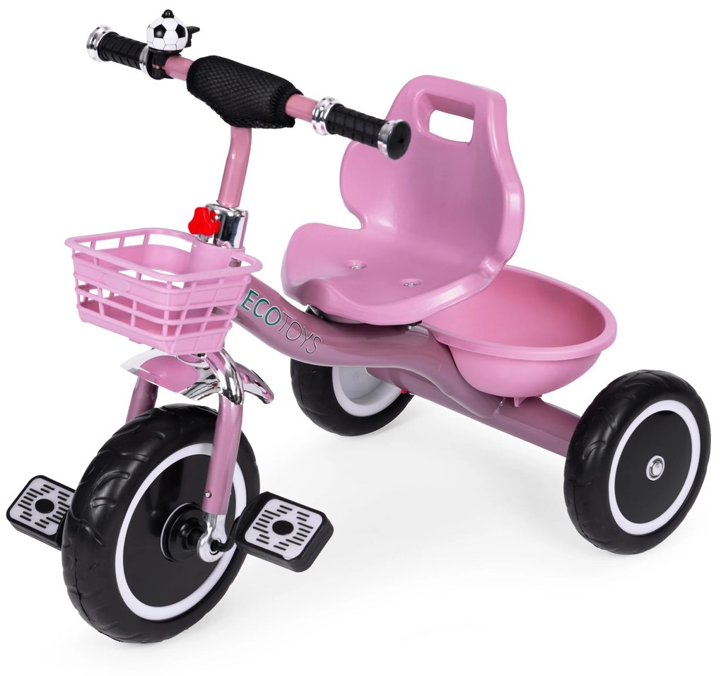 Trojkolka s košíkom a zvončekom ECOTOYS, ružová