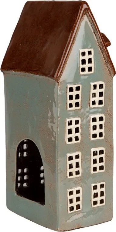Šedý keramický svietnik na čajovú sviečku domček Amster Village - 15*11*30 cm
