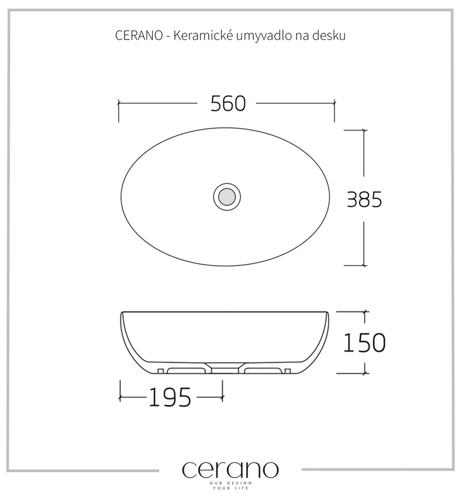 Cerano Ezro, keramické umývadlo na dosku 560x385x150 mm, biela lesklá, CER-CER-428416