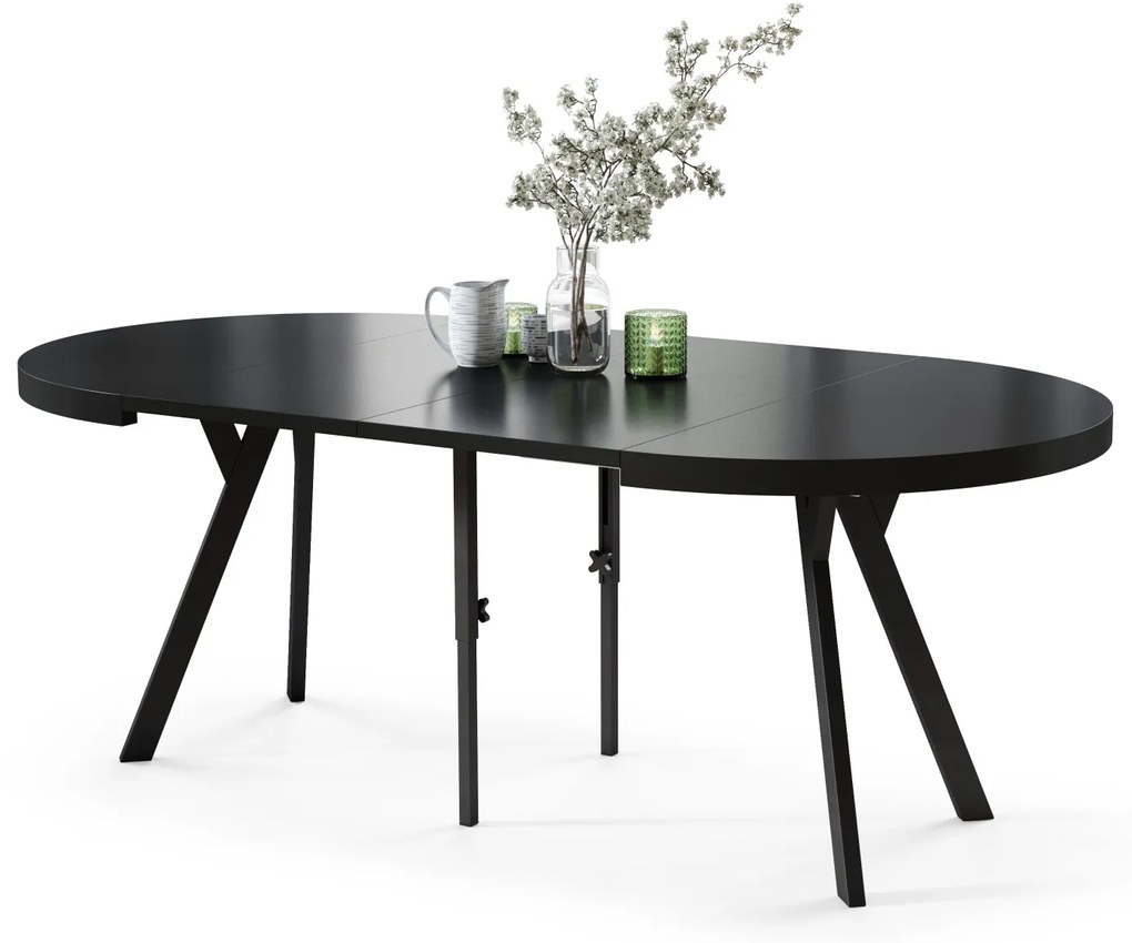 EXPANSO Čierny mat / čierne nohy - VEĽKÝ OKRÚHLY STÔL Ø110 ROZKLADACÍ AŽ DO 310 cm S NOHAMI Y LOFTOVÝ / INDUSTRIÁLNY
