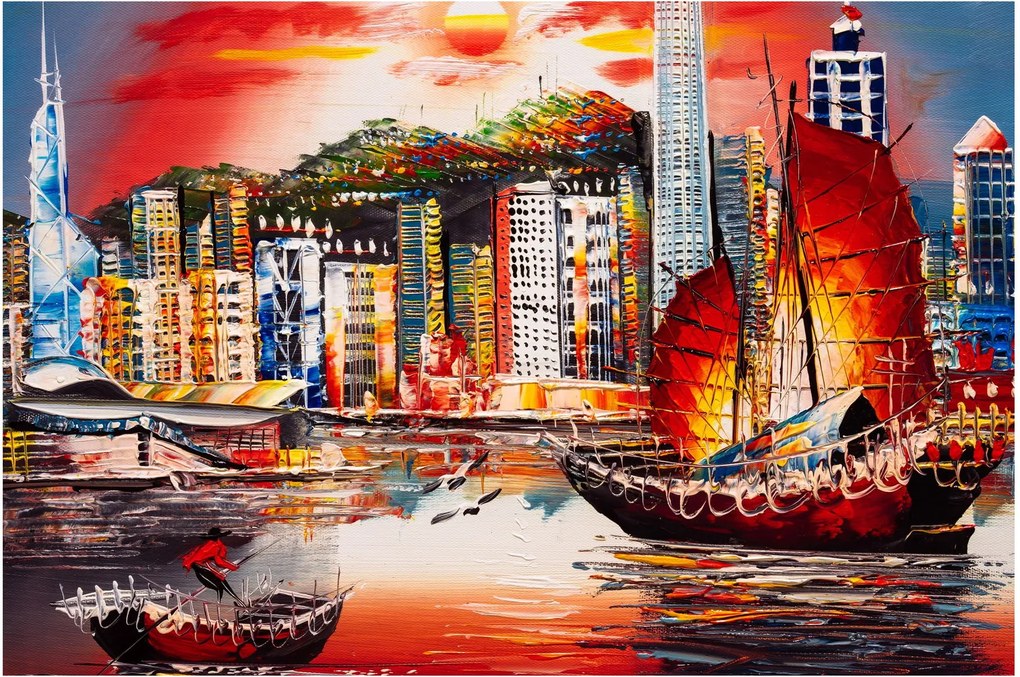 Obrázok - Victoria Harbor, Hong Kong, olejomaľba (90x60 cm)