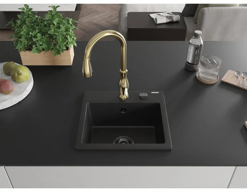 Mexen Milo, 1-komorový granitový drez 435x410x171 mm a drezová batéria Savita, čierna, 6505-77-672601-50-B