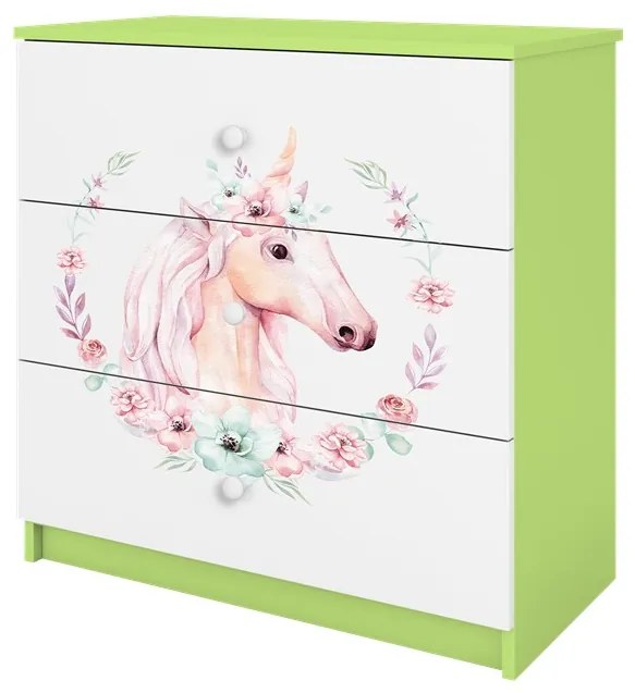 Detská komoda BABYDREAMS Jednorožec zelená