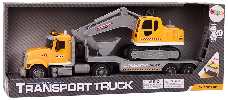 LEAN TOYS Nákladné auto Lora s bagrom, svetlá, zvuky - žltá