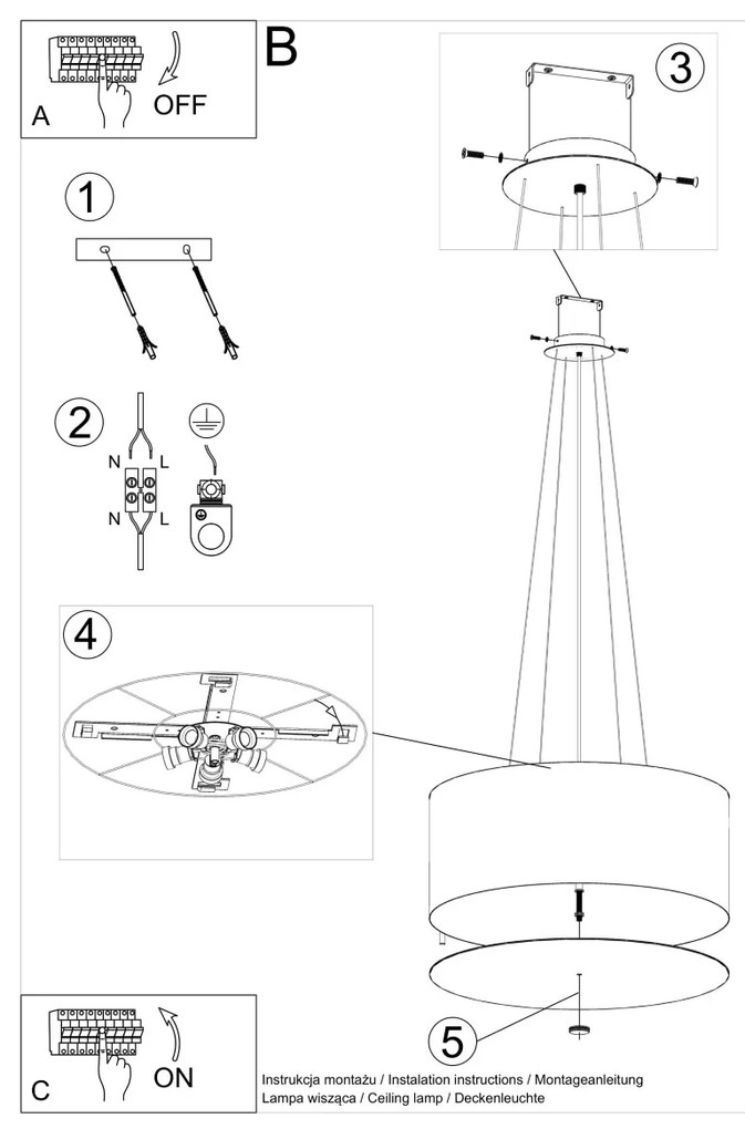 Závesné svietidlo Otto, 1x čierne textilné tienidlo, (biele sklo), (fi 60 cm)
