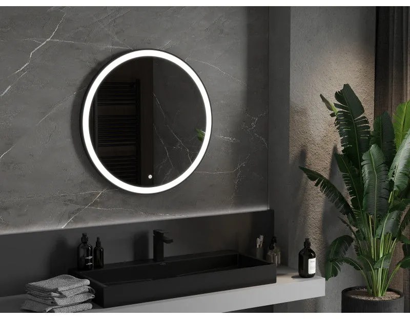 Mexen Esso, okrúhle LED podsvietené kúpeľňové zrkadlo 80 cm, 6000K, vykurovacia podložka proti zahmlievaniu, čierny rám, 9825-080-080-611-70