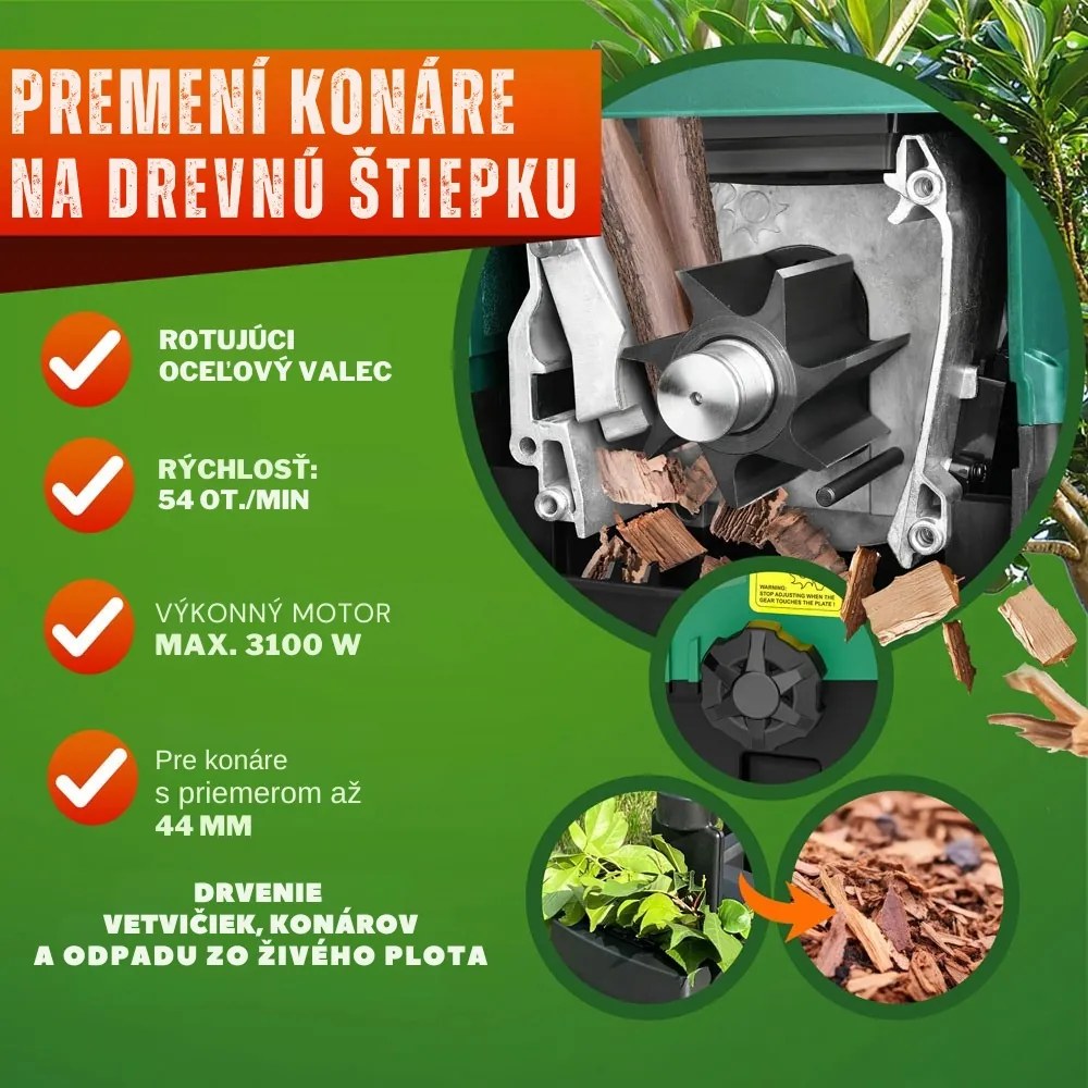 Záhradný štiepkovač/drvič DIOX+2x 60l vrece, 3100W čierna/zelená Gardebruk