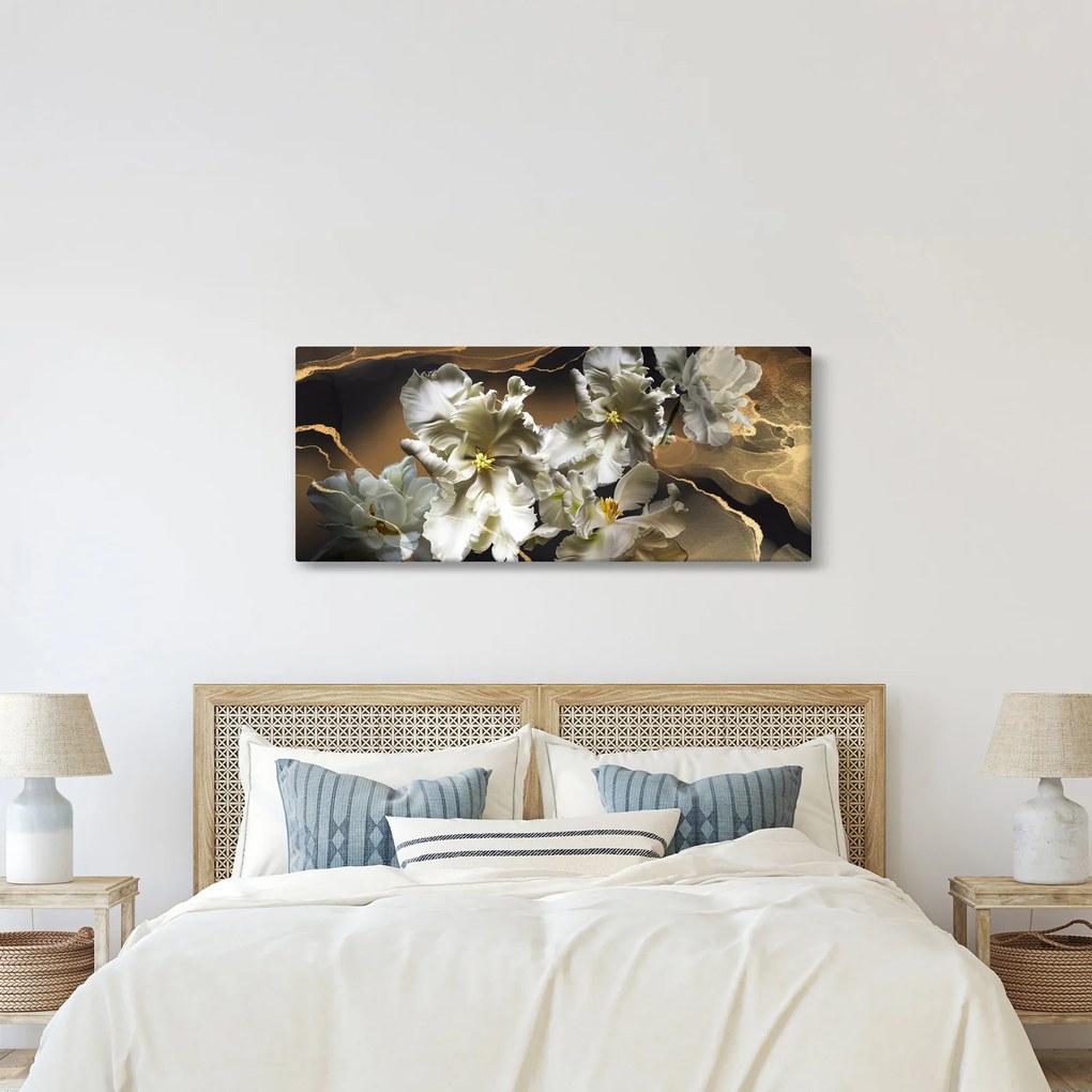 Obraz - Kvety orchideí na mramorovom pozadí (120x50 cm)