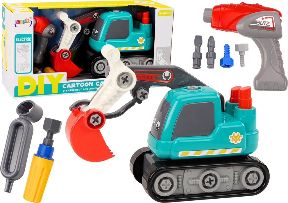 LEAN Toys Pásové rýpadlo na skrutkovanie DIY, kreslené, tyrkysové