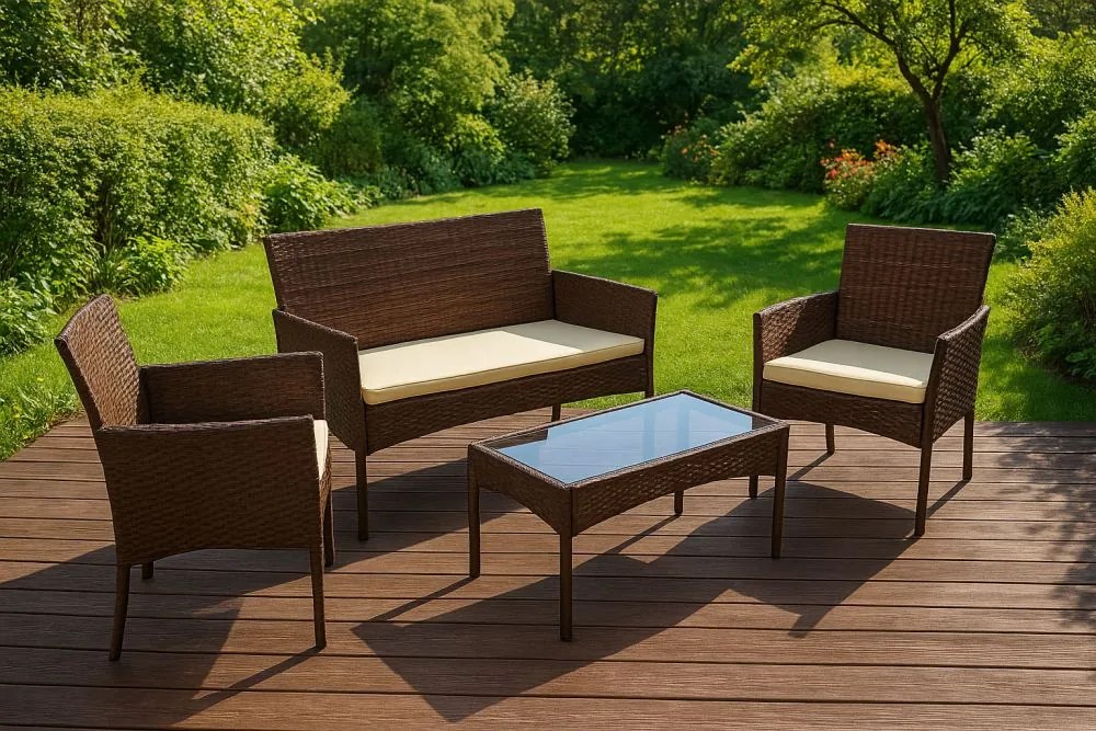Záhradný set ratanového nábytku: Lavica + stolík + 2 kreslá - hnedá