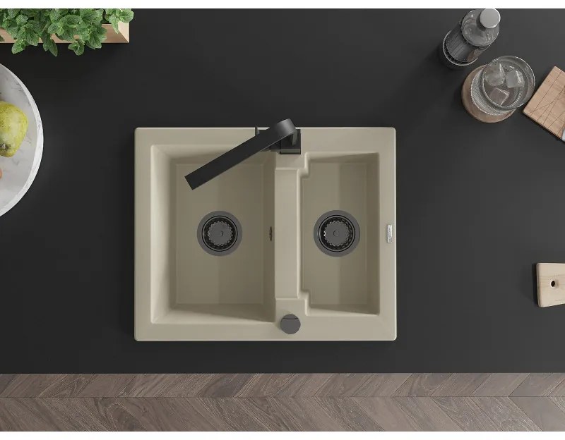 Mexen Carlos, 1,5-komorový granitový drez s odkvapkávačom 582x475x177 mm a čierna kuchynská batéria Rita, béžová, 6518-69-670300-70