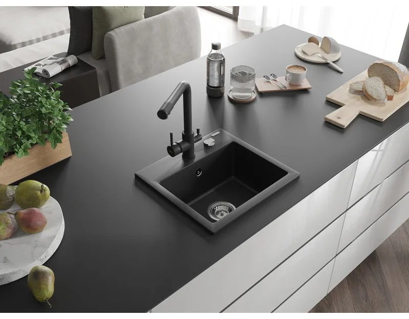 Mexen Milo, granitový drez 435x410x171 mm, 1-komorový a čierna batéria Duero, čierna, 6505-77-671600-70