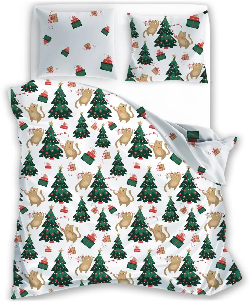 Vianočné saténové posteľné obliečky – motív Mačacie Vianoce - 70 x 90 cm + 140 x 200 cm