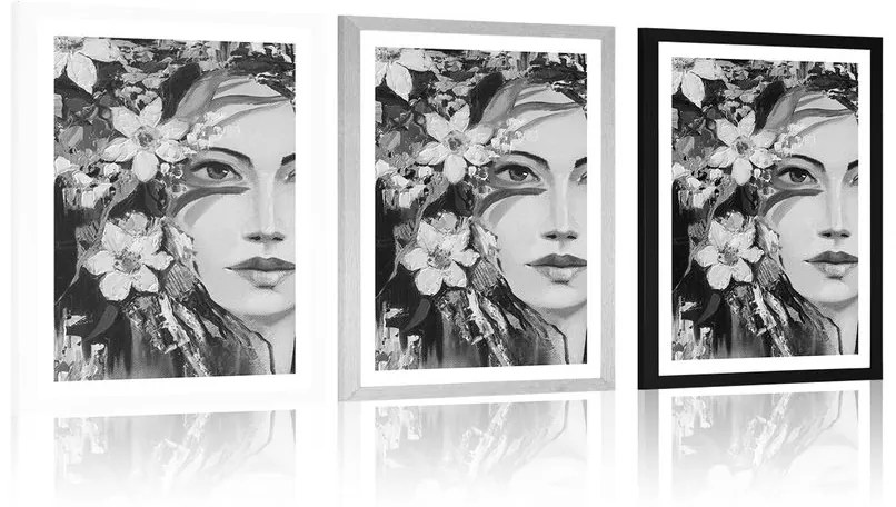 Plagát s paspartou originálna maľba ženy v čiernobielom prevedení - 40x60 white