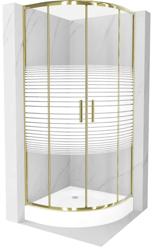 Mexen Rio, štvrťkruhový sprchovací kút s posuvnými dverami 90(dvere) x 90(dvere) x 190 cm, 6mm číre sklo s pásikmi, zlatý profil + biela sprchová vanička RIO, 863-090-090-50-20-4710