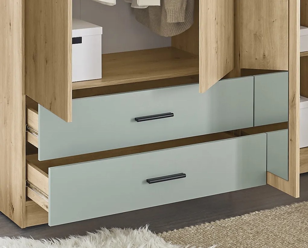 Šatníková skriňa so zrkadlom Savina 225 cm, dub artisan/šalviová