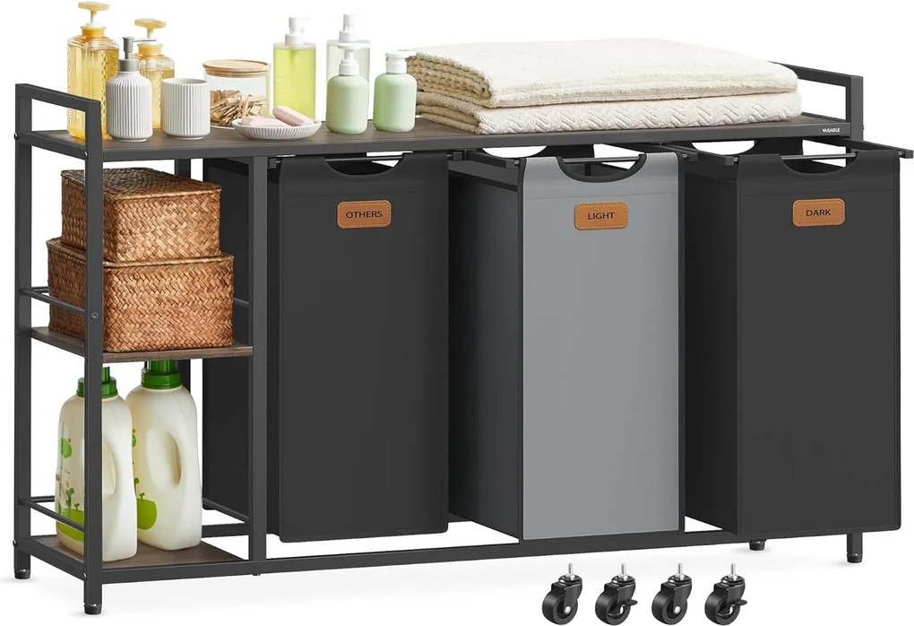 Kôš na prádlo s 3 priehradkami, 150 l, na triedenie bielizne v čiernej a šedej farbe