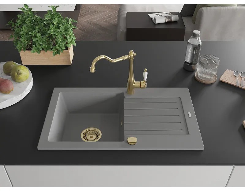 Mexen Pablo, granitový drez 752x436x161 mm, 1-komorový a drezová batéria Carla, šedá, 6510-71-670700-50