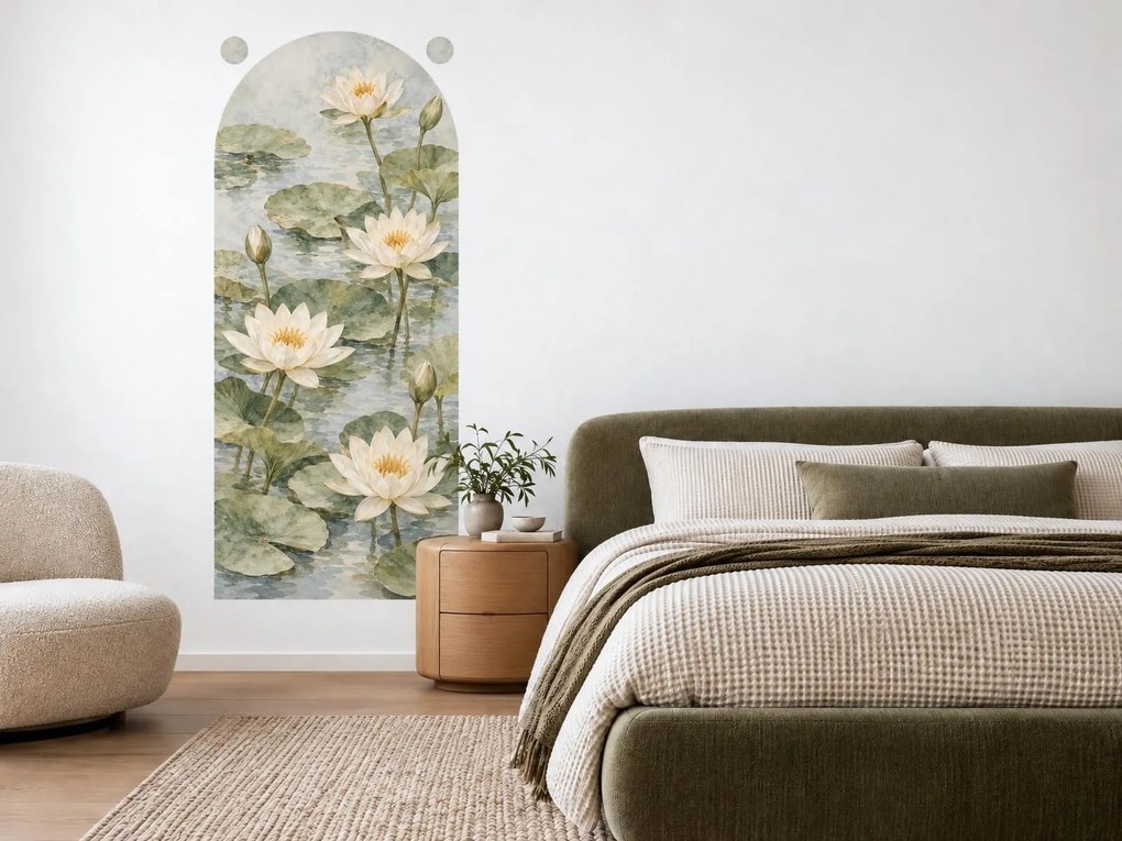 Biele lekná v oblúku akvarelové botanické nálepky na stenu do obývačky oblúk 20 x 46 cm