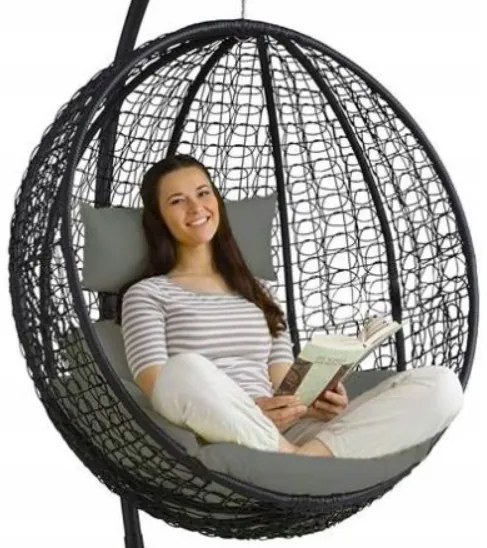 Závesné hojdacie kreslo SICÍLIA bez stojana - čierne + sivé vankúše