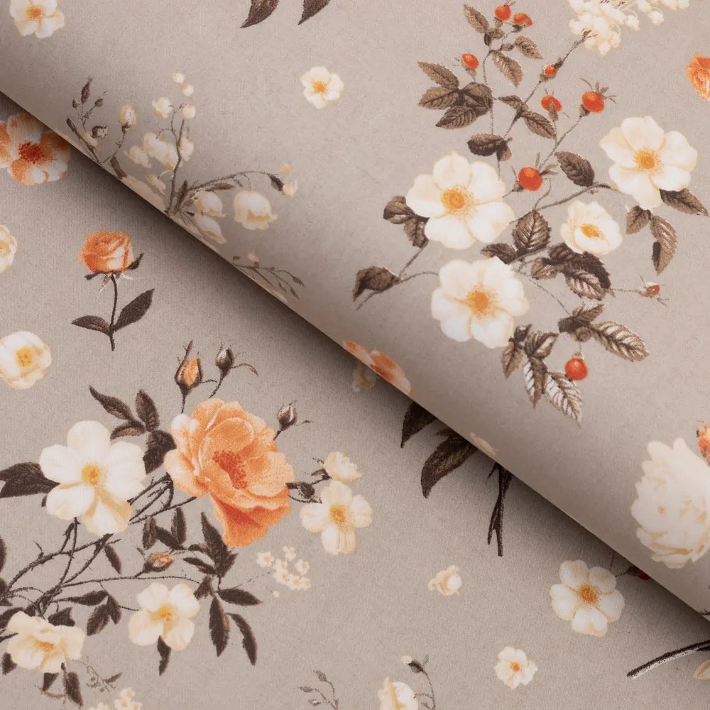 Biante Bavlnený behúň na stôl Sandra SA-739 Ruže a konvalinky na béžovosivom 45x120 cm