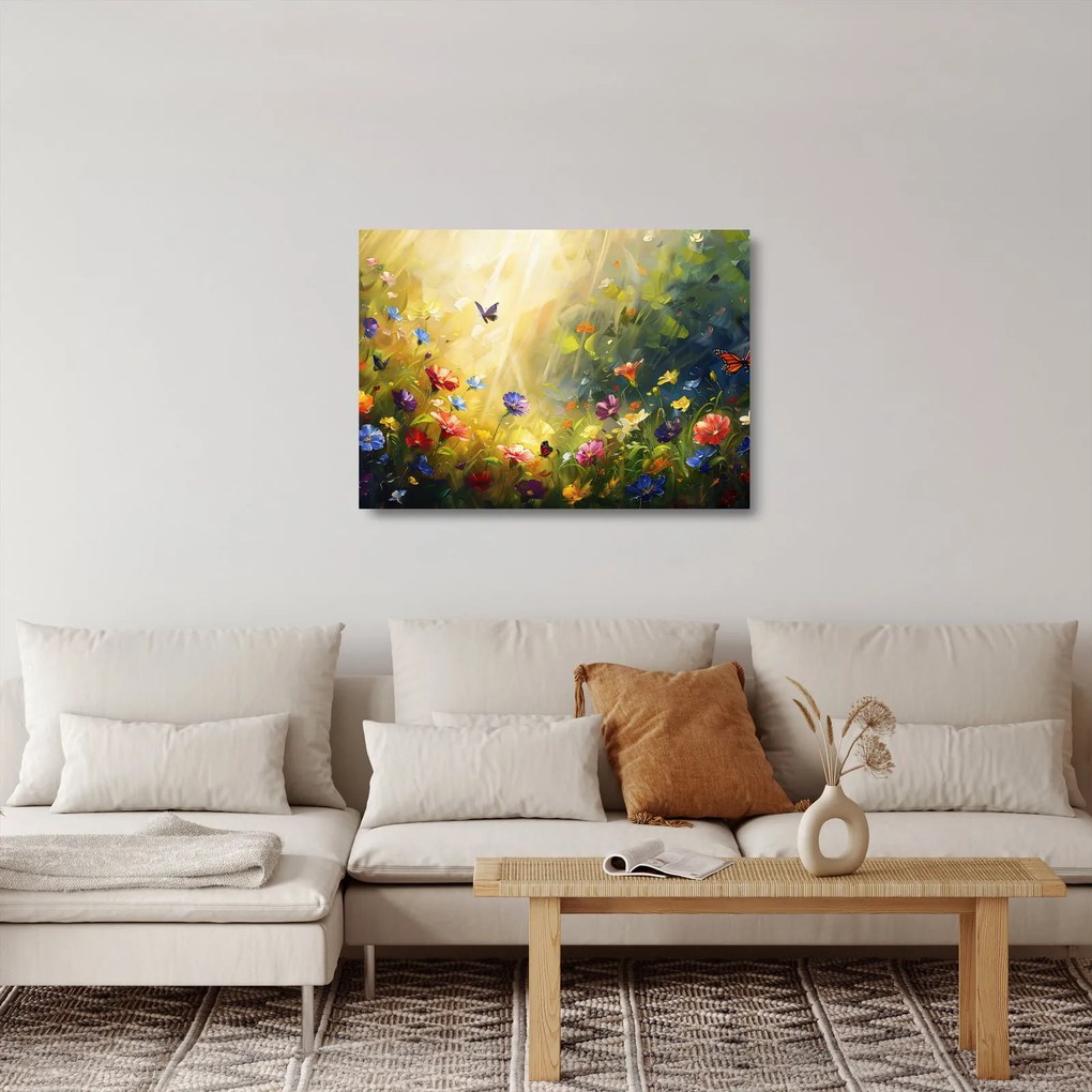 Sklenený obraz - Jarná kvetinová lúka, maľba (70x50 cm)
