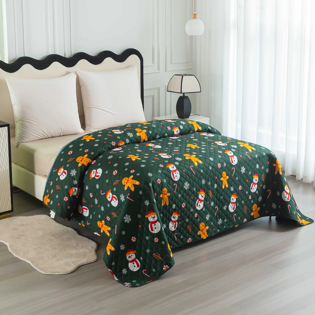 Prehoz na posteľ SNOWMAN AND GINGERBREAD, zelený Rozmer: 170 x 210 cm